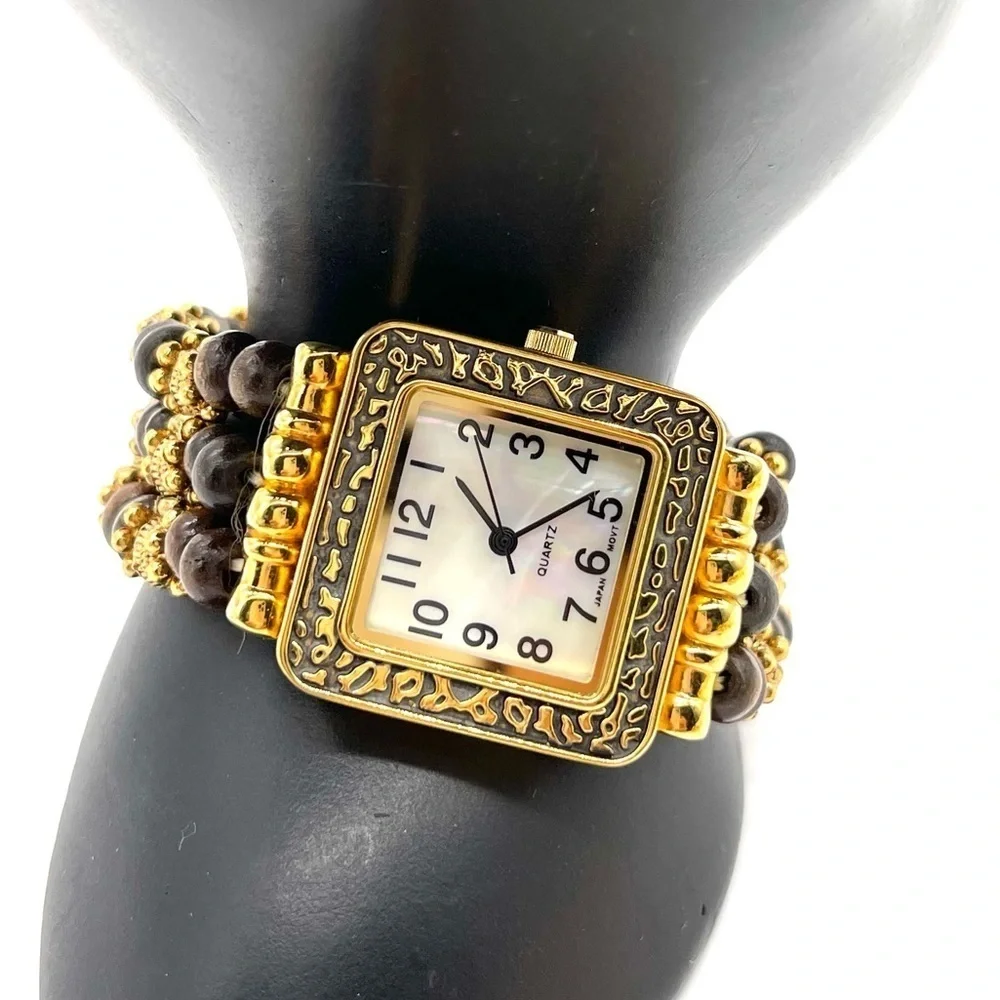 Japan Movt Mother of Pearl Face w/ Wooded & Gold tone Beads Stretch Watch